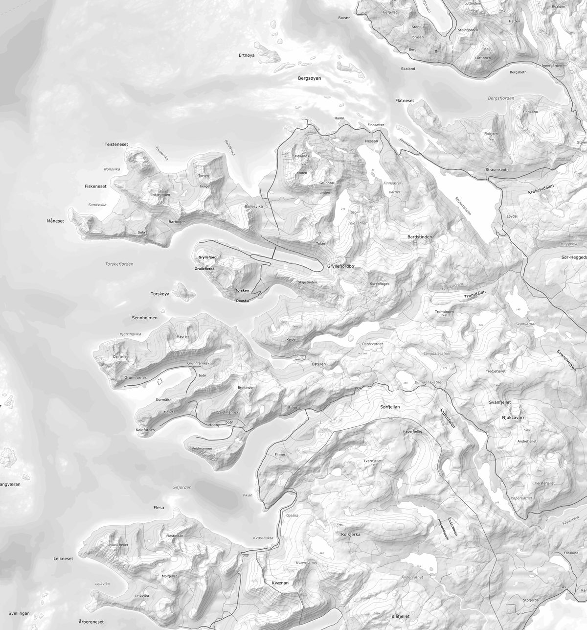 Topografisk kart over Torsken og Berg